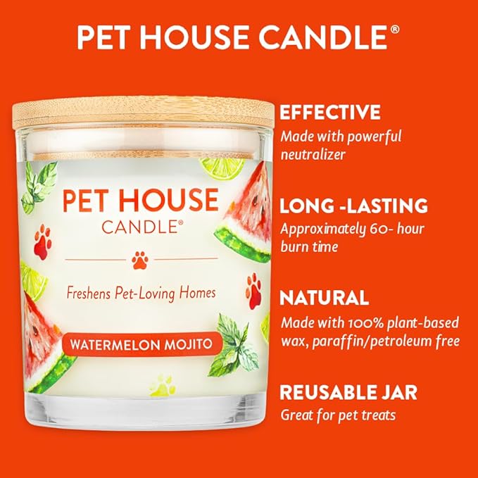 Pet House 9 oz Watermelon Mojito Scented Pet Odor Candle, Clean Burning, Long Lasting, Plant Based Spring, Summer Scented Soy Candle, 60 Hour Burn Time