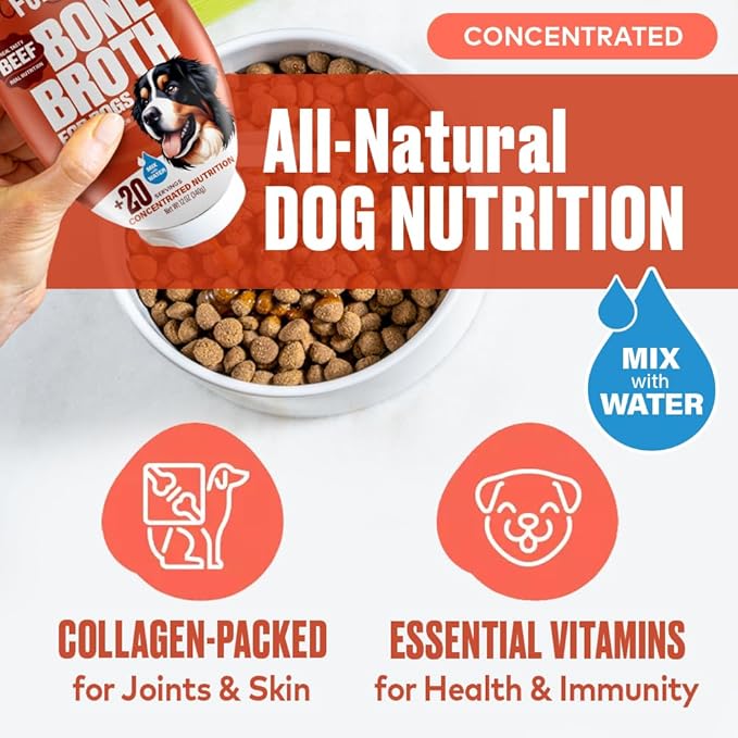 Beef Bone Broth for Dogs - Collagen Protein Supplement for Digestion, Mobility, Coat, Immune System, Healthy Dog Food Topper, Human Grade Meal Boost Gravy, Just Add Water, Made in USA 12 oz