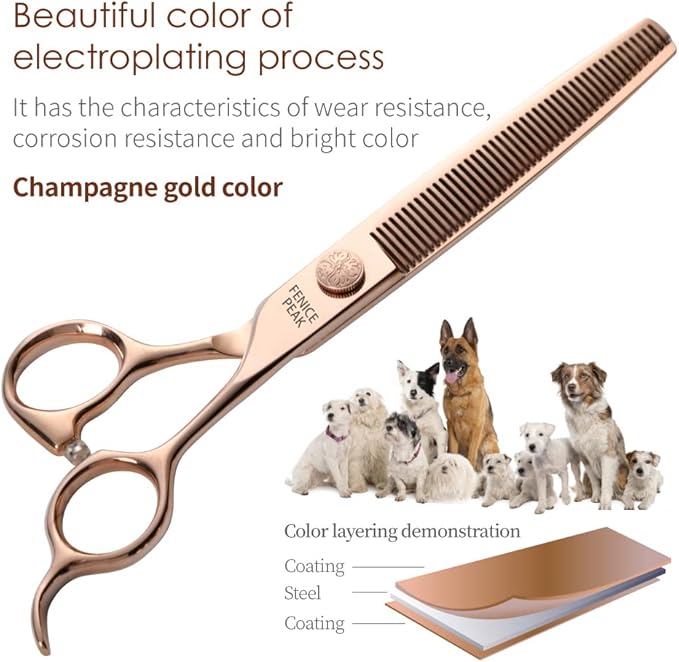 Fenice Peak Thinning Dog Grooming Scissors Champagne Gold 440C Stainless Steel Thinning Shears for Dogs and Cats 35% Thinning Rate