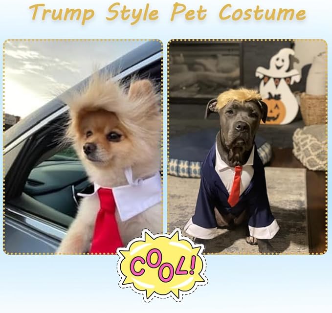 Trump Style Pet Costume Dog Wig, Dog Clothes with Collar & Tie Head Wear Apparel Toy for Halloween, Christmas, Parties, Festivals (Light Brown with Tie)
