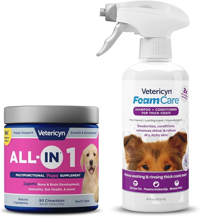 Vetericyn All-in 1 Multifunctional Puppy Supplement and FoamCare Spray-On Thick Coat Puppy Shampoo and Conditioner