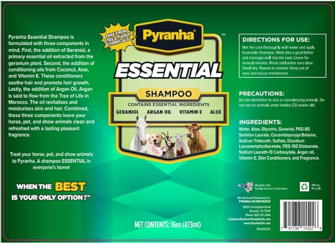 Pyranha Essential Shampoo - with Geraniol, Argain Oil, Vitamin E, Coconut Oil, and Aloe Vera - Die & Paraben Free, Long Lasting Smell, Biodegradable - Shampoo for Horse, Dogs, Cats, and More - 16 OZ
