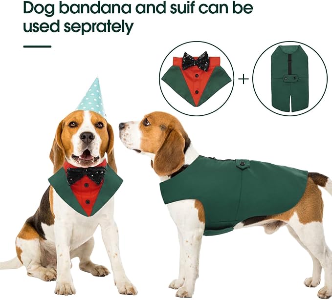 Kuoser Christmas Dog Tuxedo Dog Suit and Bandana Set, Dogs Tuxedo Party Suit, Dog Prince Wedding Bow Tie Shirt Formal Dog Wedding Attire for Large and Medium Dogs Golden Retriever Samo Bulldogs