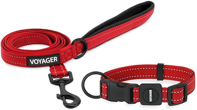 Voyager Reflective Dog Leash Collar Set with Neoprene Handle Supports Small, Medium, and Large Breed Puppies, Cute and Heavy Duty for Walking, Running, and Training - Red, M
