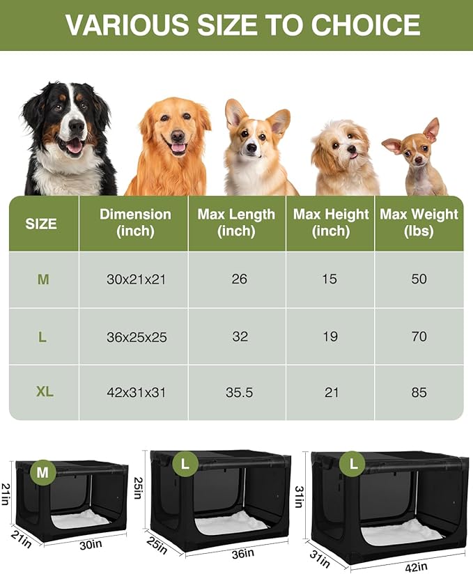 36-Inch Collapsible Travel Dog Crate, Portable 4-Door Soft Kennel for Medium to Large Dogs, Chew-Proof Mesh Windows, Indoor/Outdoor Use, Foldable, with Storage Bag (Black)