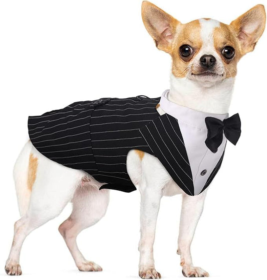 PUMYPOREITY Medium Dog Bowtie Tuxedo Suit, Cat Tuxedo, Dog Wedding Outfit, 2 Pieces/Pack, M, Stripe