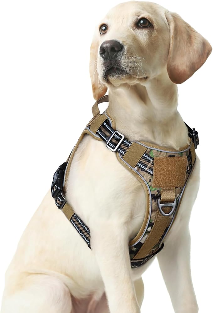 rabbitgoo Dog Harness Medium Sized No Pull, Tactical Service Dog Vest with Molle and Control Handle, Adjustable and Reflective Military Pet Harness for Easy Walking and Training, Brown camo, M