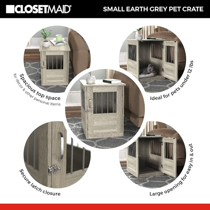 ClosetMaid Pet Crate End Table Furniture for Small Dogs or Cats Under 12 lbs, Earth Gray Wood Grain Finish