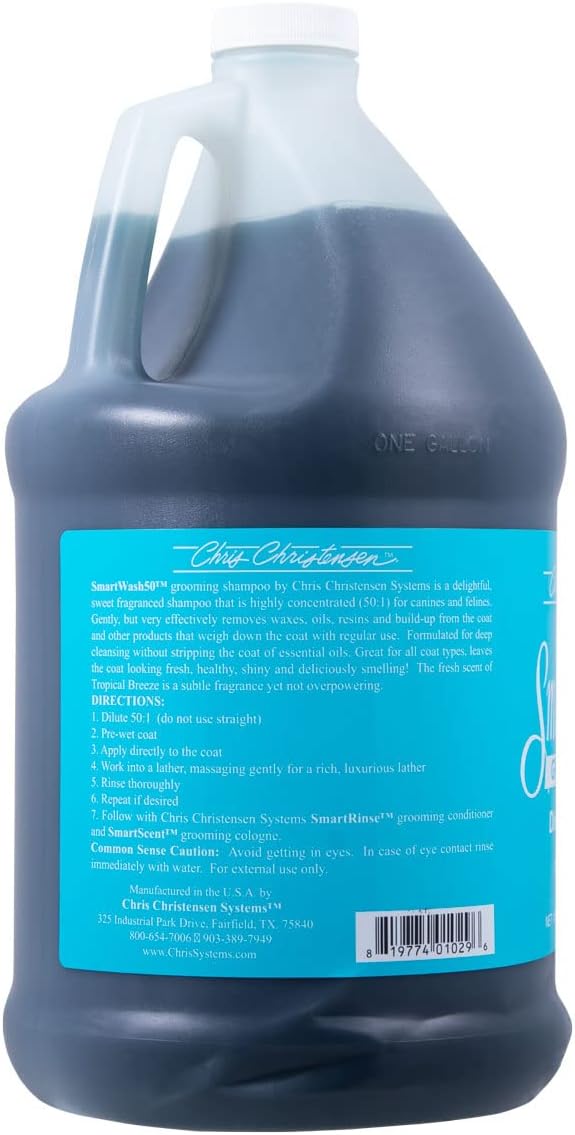 Chris Christensen Gallon Liquid and Gallon Pump Dispenser Bundle- SmartWash50 Tropical Breeze Ultra Concentrated Dog Shampoo, Suitable for all Coats + Gallon Pump Dispenser, Easily Dispenses, No Mess