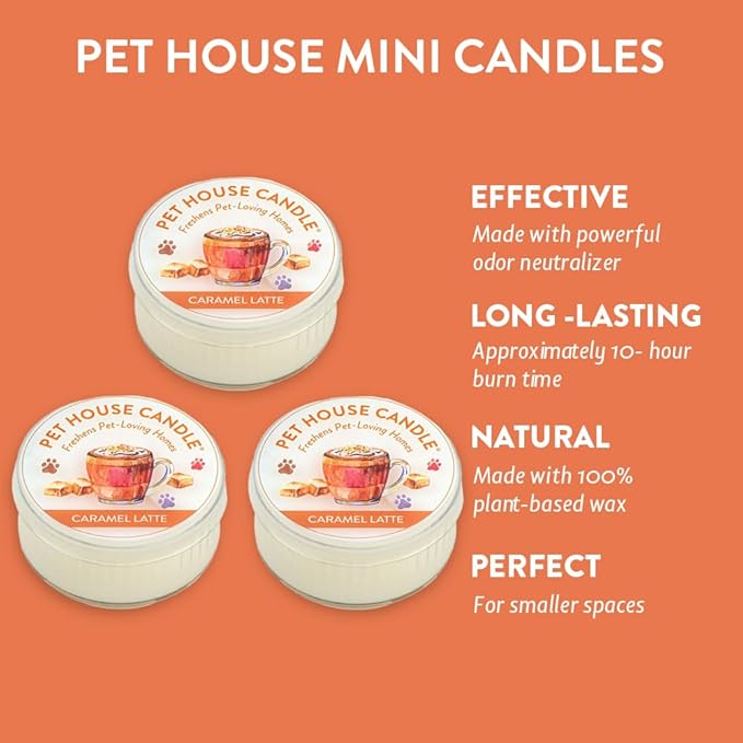 One Fur All Pet House Mini Candle Set - Caramel Latte 3 Pack - Pet-Friendly Natural Wax Odor Eliminator