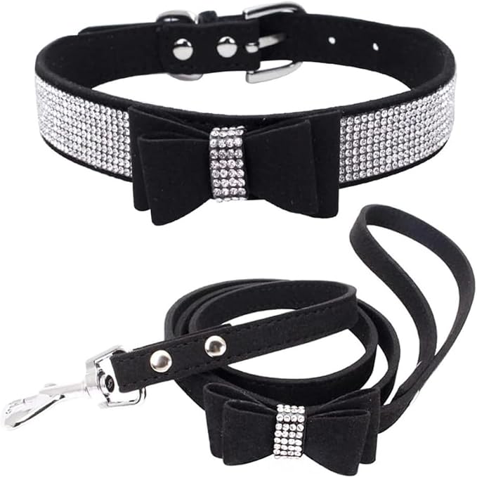 Rhinestone Bowtie Small Dog Collar and Leash Set, Diamond Puppy Collars Bow Crystal Bling Jeweled Glitter Girl Female Adjustable for XXSmall X-Small Small Medium Large Dogs (Black-1,XXLarge)