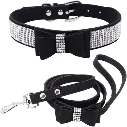 Rhinestone Bowtie Small Dog Collar and Leash Set, Diamond Puppy Collars Bow Crystal Bling Jeweled Glitter Girl Female Adjustable for XXSmall X-Small Small Medium Large Dogs (Black-1,XXLarge)