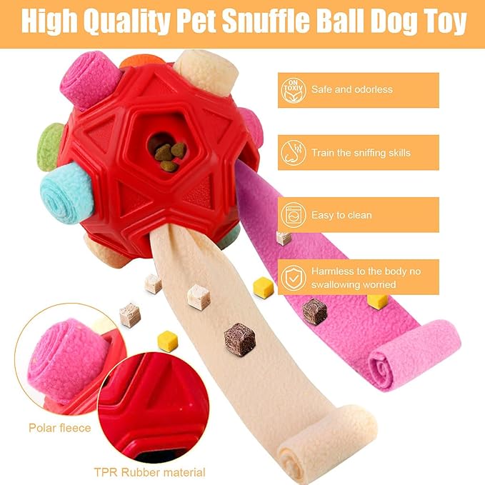 Dog Snuffle Ball-Interactive Puzzle Dog Toys Encourage Natural Foraging Skills Slow Feeder for Training and Stress Relief, Cloth Strip Hiding Food Chew Toys for Any Size Dogs with Squeaky Carrot