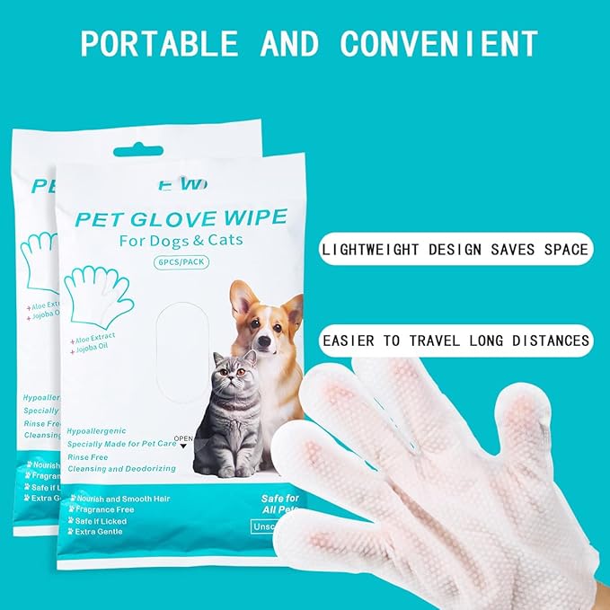 Pet Glove Wipes for Dogs Cats, Extra Thick Hypoallergenic Dog Dry Cleaning Bath Gloves Wipes Deodorizing for Paws/Butt/Teeth/Ear/Eye, Cat Grooming Glove Wipes for Daily Care Traveling(6pcs)