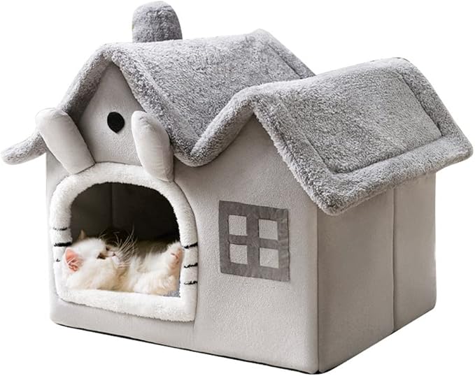 Luxury Double Roof Indoor Dog House Cat Nest,Foldable Warm Soft Kennel,30D High Elastic Memory Sponge,Removable Cushion and Non-Slip Bottom (Grey Double Roof, L)
