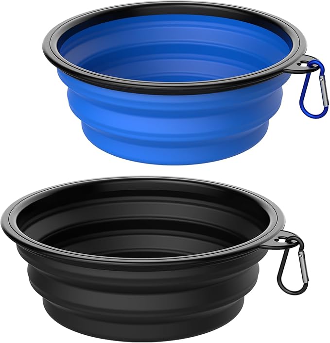 Takfox Collapsible Dog Bowls [2 Pack] 34 oz, Travel Dog Bowls, Pet Bowl Portable Foldable Water Food Feeding Dishes with Carabiner Clip for Traveling Hiking Walking-Black & Blue