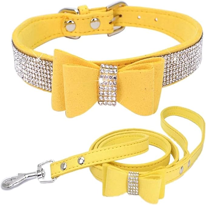 Rhinestone Bowtie Small Dog Collar and Leash Set, Diamond Puppy Collars Bow Crystal Bling Jeweled Glitter Girl Female Adjustable for XXSmall X-Small Small Medium Large Dogs (Yellow-1,XXLarge)