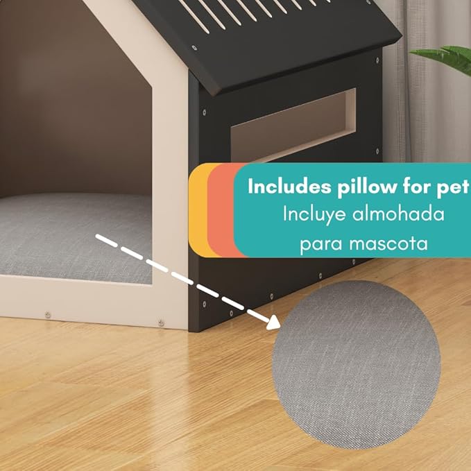 Medium House for Pets, Wooden House for Pets for Interiors, Resistant Wood with Cushion for Dog Included, Minimalist, Elegant and Resistant, 18x18x18 in, Black