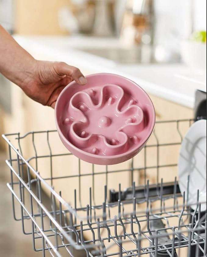 LE TAUCI Dog Bowls Slow Feeder, 1.5 Cup Ceramic, Puzzle Feeder for Fast Eaters, Pink Bloom