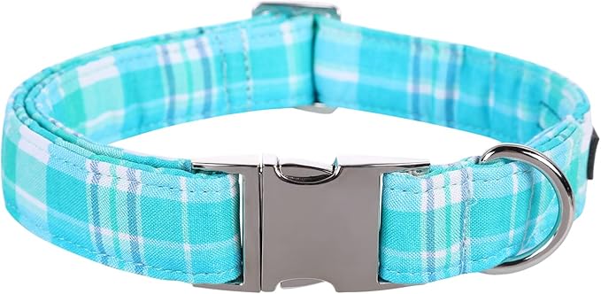 Maca Bates Blue Checkered Flower Summer Dog Grid Collar with Flowers for Dogs Adjustable Breakaway Cute Plaid Collars Accessories Gift for Small Medium Large XL Puppy with Golden Metal Buckle