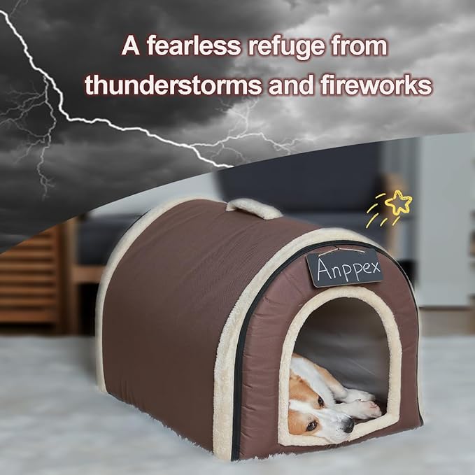 ANPPEX Large Igloo Dog House Indoor,2XL Size Dog Cave for Large and Medium Dogs,2-in-1 Washable Covered Dog Bed,Brown