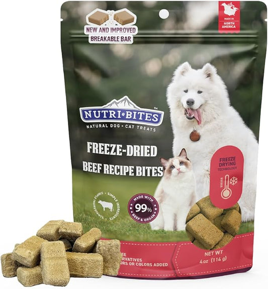 NutriBites Freeze Dried Beef Recipe Dog & Cat Treats, 4oz | Healthy Pet Training Treats or Food Topper | All Natural, Single Ingredient, High Protein | Great for Puppy, Small, Medium, or Large Breeds