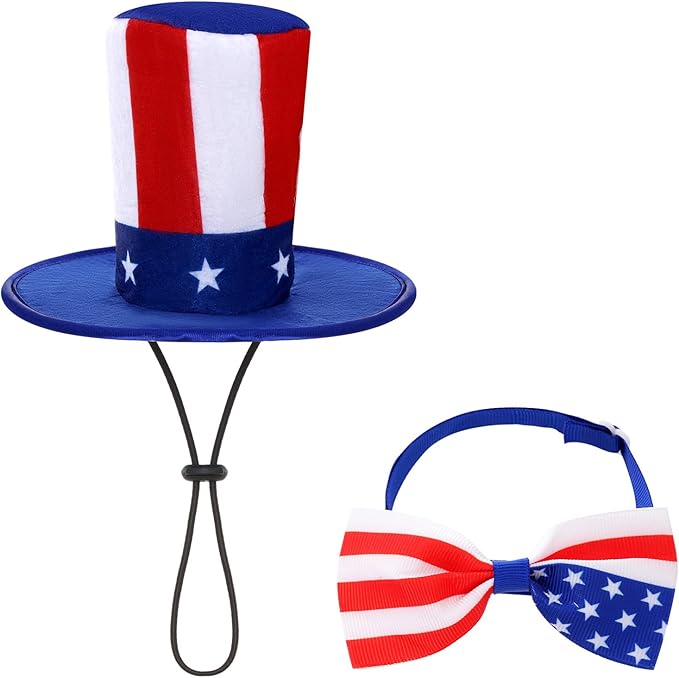 4th of July Dog Outfit, Patriotic Dog Top Hat and Bow Tie Collar Set, Pet Independence Day Costume Accessories for Dogs Cats Puppy