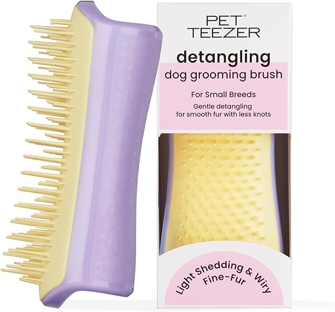 Pet Teezer by Tangle Teezer Detangling Dog Grooming Brush, Dry Brush & Dog Bath Brush for Wet or Dry Fur & Light Shedding Breeds, Small, Lilac/Yellow