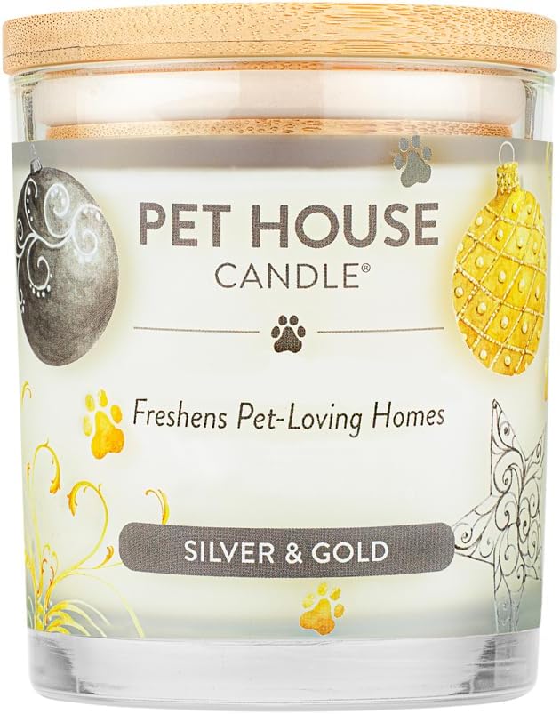 Pet House Candles for Pet Odor Natural, Plant-Based Soy Candle, Clean Burning, Long Lasting, Pet Friendly Candle for Home, Silver & Gold