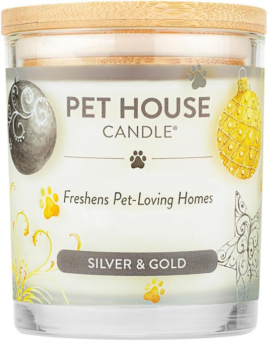Pet House Candles for Pet Odor Natural, Plant-Based Soy Candle, Clean Burning, Long Lasting, Pet Friendly Candle for Home, Silver & Gold