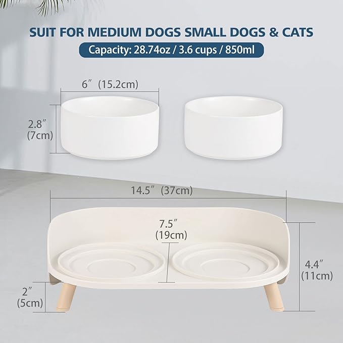 Elevated Ceramic Dog Bowl Set - Double Dog Feeding Bowls with Stand Splash Proof - Raised Dishes for Food and Water - Ideal for Small to Medium Dogs - 2 x 850 ml - 28.74 oz