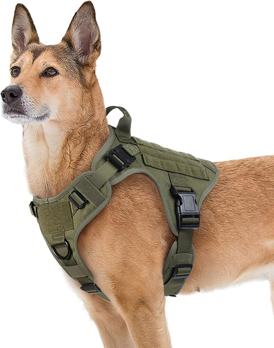 rabbitgoo Tactical Dog Harness for Large Dogs, Heavy Duty Dog Harness with Handle, No-Pull Service Dog Vest Large Breed, Adjustable Military Dog Vest Harness for Training Hunting Walking, Green, XL