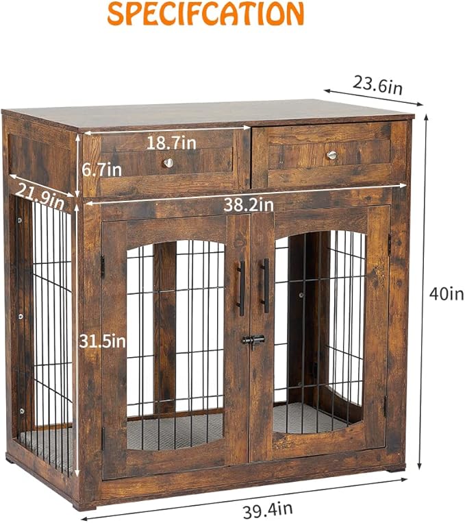 Dog Crate Furniture with Drawers and Cushion, 39.4" 3-Doors Dog Furniture, Wooden Dog House Kennel for Large/Medium/Small Dog, Dog Crate Table, Indoor End Table Dog House (Rustic Brown)