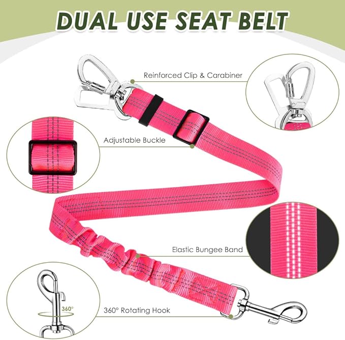 SlowTon Dog Seatbelt, 2 Pack Dog Seat Belt Car Leash Adjustable Elastic Bungee Buffer Heavy Duty Nylon Reflective Pet Safety Tether Connect to Dog Harness for Travel Riding in Vehicle (Daul Clip, FL)