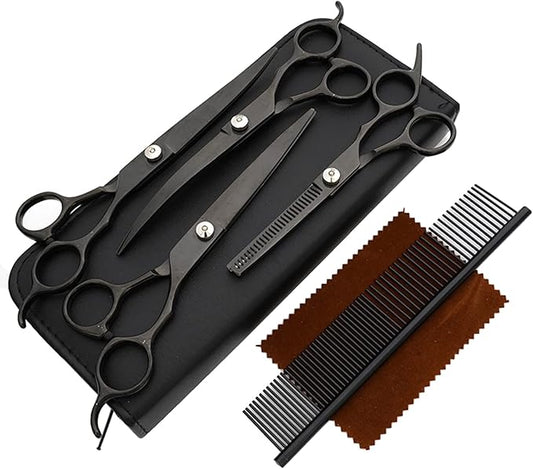 Dog Grooming Scissors Kit 7 Inch Pet Grooming Scissors Chunkers Shears for Dogs, Cats and Other Animals (Black)