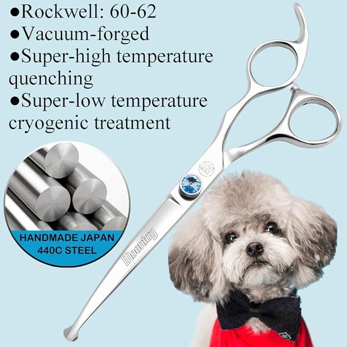 Moontay Professional Dog Grooming Straight, Curved, Thinning/Blending/Chunking Scissors Kit, JP-440C Stainless Steel Pet Cat Hair Cutting/Trimming Shears, Silver