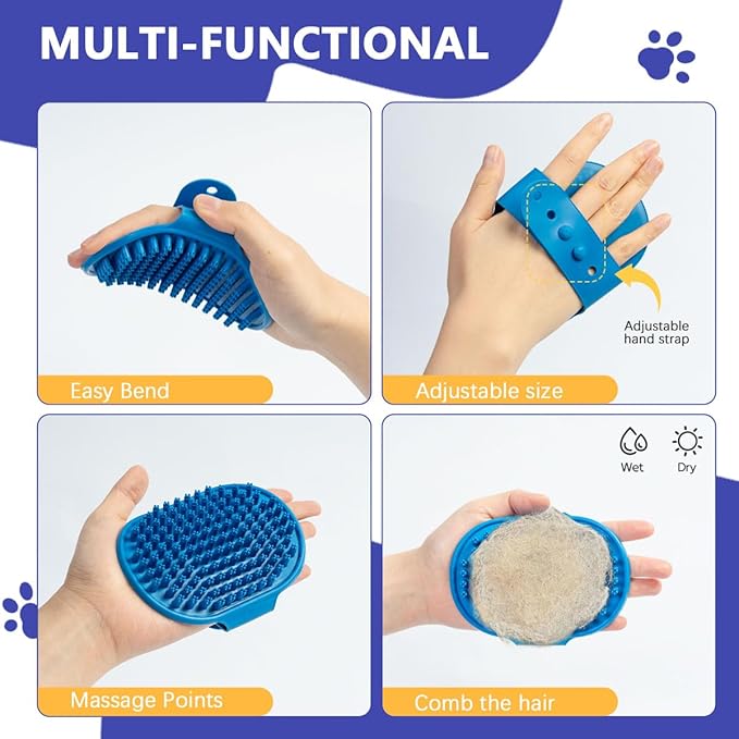 7-in-1 Pet Grooming Kit Dog Washing Gloves and Bath Brush Cat Shampoo Brush & Dog Toothbrush with Silicone Massage Bristles & Bubbler (Blue)
