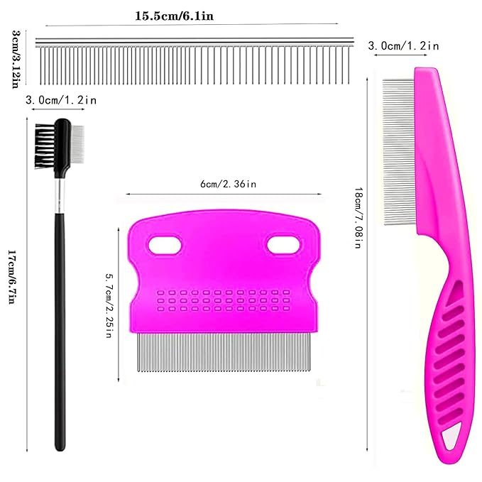 4 Pcs Pet Grooming Kit for Small Long and Short Haired Dogs, Cats & Puppies, Flea & Lice Comb, Tear Stain Remover, Fine-Toothed Comb for Knots, Crust & Mucus (Pink)