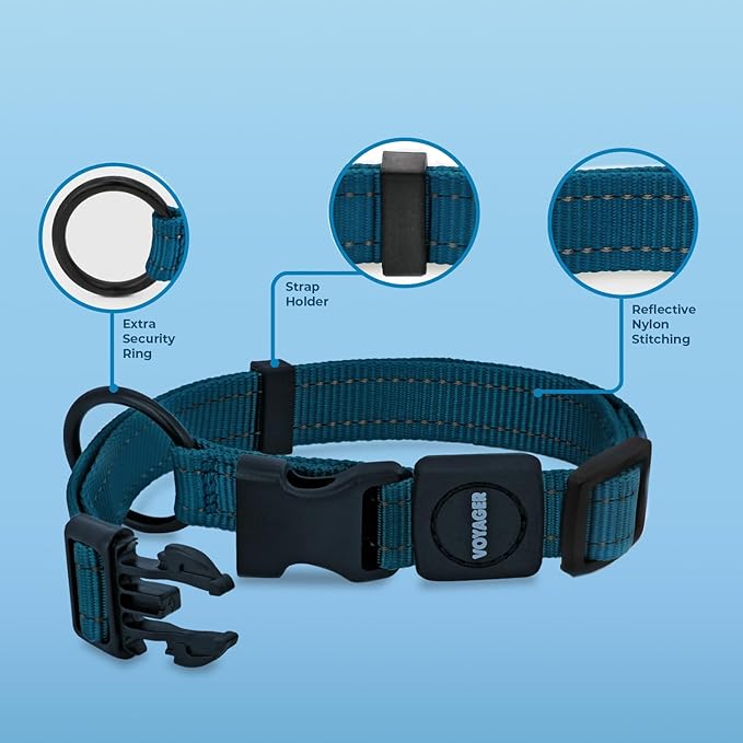 Voyager Reflective Dog Leash Collar Set with Neoprene Handle Supports Small, Medium, and Large Breed Puppies, Cute and Heavy Duty for Walking, Running, and Training - Blue, S