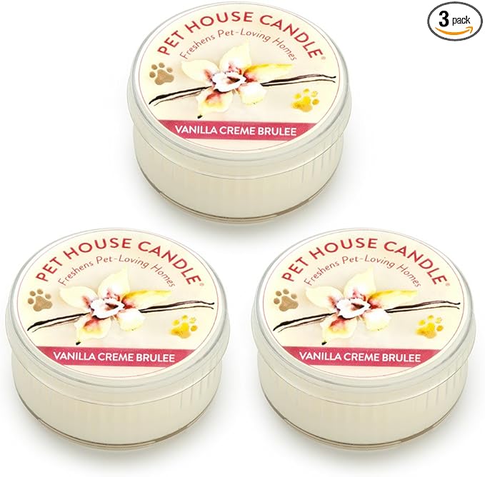 One Fur All Pet House Mini Candles for Pet Odor Made with Natural Soy Wax, Plant Based, Dog and Cat Friendly Scented Candles, Vanilla Creme Brulee Pack of 3