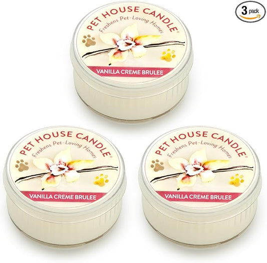 One Fur All Pet House Mini Candles for Pet Odor Made with Natural Soy Wax, Plant Based, Dog and Cat Friendly Scented Candles, Vanilla Creme Brulee Pack of 3