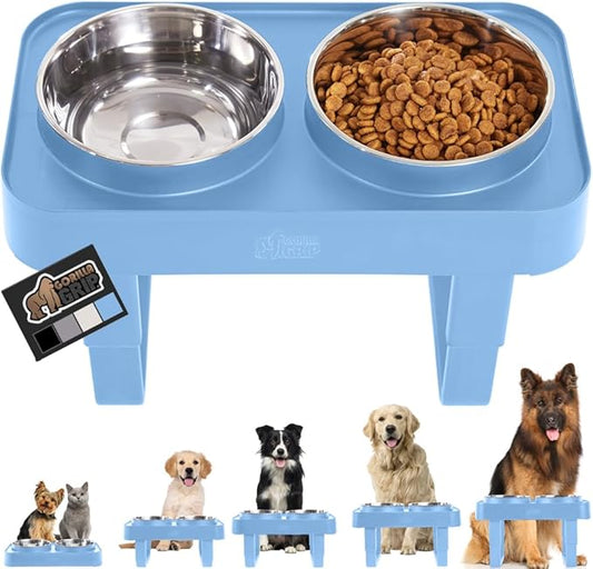 GORILLA GRIP Elevated Dog Bowls Stand, 6 Cup Stainless Steel Food Bowl Set of 2, 5 Height Adjustable Raised Feeding Station for Small Breed Puppy Dogs and Cats, Medium, Large Sized Pets Feeder, Blue