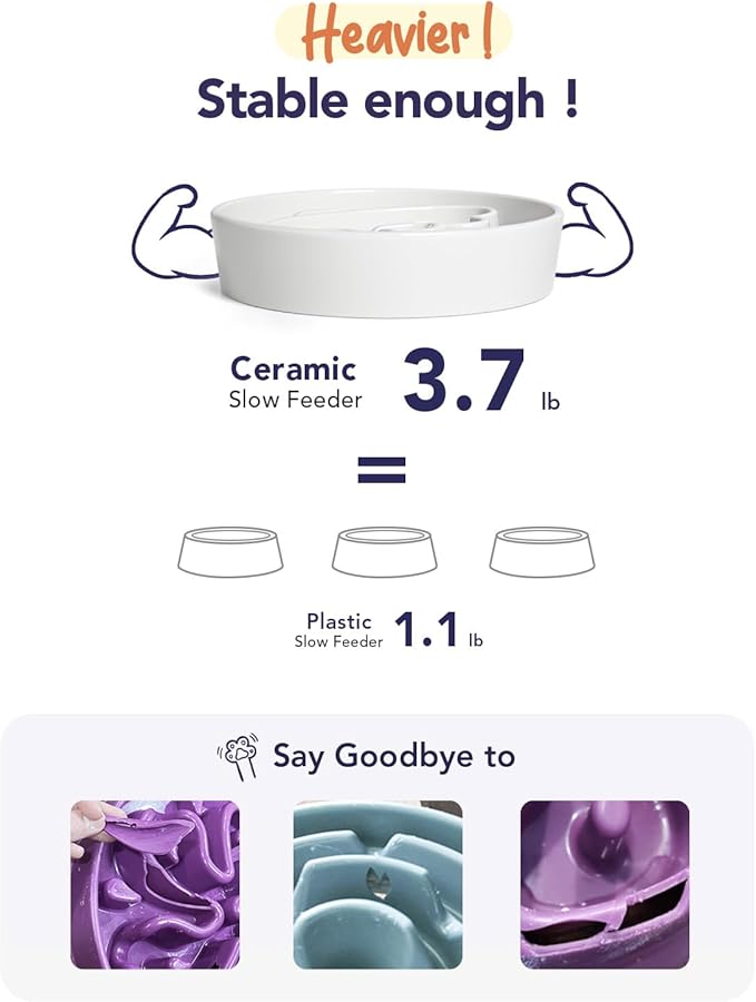 LE TAUCI Slow Feeder Dog Bowl - Ceramic Maze Dog Bowl for Medium Large Breeds, 3 Cups, Angel White