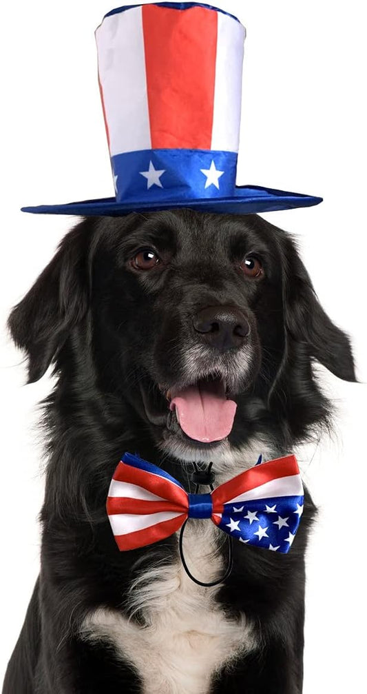 Vehomy Pet Dog Independence Day Costume - Uncle Sam Dog Top Hat and American Flag Dog Bow tie Collar 4th July Pet Hat and Collar Costume Supplies for Dogs Cats Puppy Kitten (2Pcs)