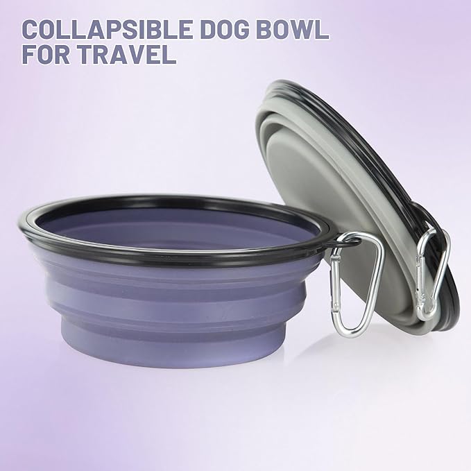 Dog Bowl Pet Collapsible Bowls, 2 Pack Collapsible Dog Water Bowls for Cats Dogs, Portable Pet Feeding Watering Dish for Walking Parking Traveling with 2 Carabiners (Large, Purple & Concrete Gray)