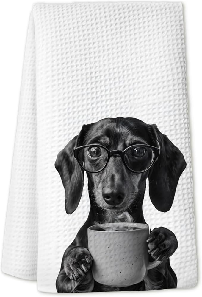 Coffee Dachshund Kitchen Towels, Gifts for Dachshund Lovers Dish Towels for Kitchen Drying, Weiner Dog Gifts for Women Hand Towels for Bathroom, 16x24 Inch