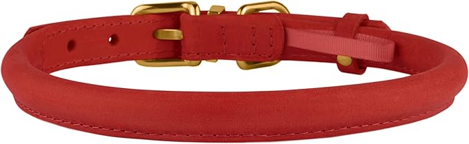 BRONZEDOG Rolled Leather Dog Collar with QR ID Tag Adjustable Soft Round Collars for Small Medium Large Dogs Puppy Cat (14" - 16" Neck Size, Classic Red)