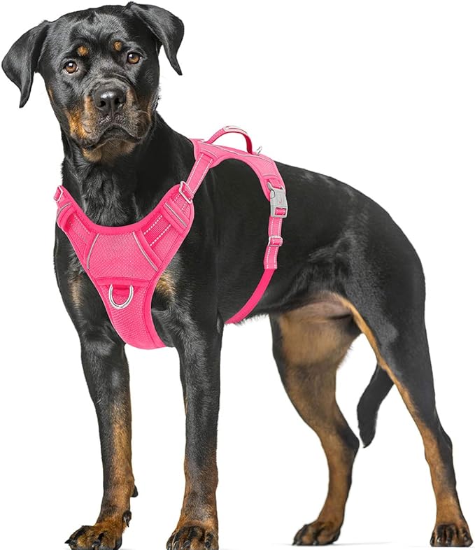 BARKBAY No Pull Dog Harness Large Reflective Dog Harness with Front Clip and Easy Control Handle for Walking Training Running with ID tag Pocket(Pink,XL)