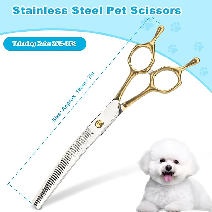 Curved Thinner Dog Grooming Scissors, 7 Inch 42 Teeth Stainless Steel Pets Grooming Scissors, Professional Pet Shears for Groomer, Long Hair Cutting for Animals (Curved Thinning A)