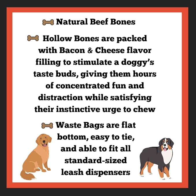 Filled Dog Bones Bundles for Large Dogs, Large Stuffed Femur Bone Bundle with 1 Dog Waste Roll, Long-Lasting Dental Treats for Aggressive Chewers (Cheese & Bacon)